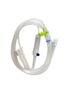 EQUIPO DE INFUSIÓN ESTÉRIL DE PVC DE 3 VÍAS SIN DEHP 3X4,1 1 GRIFO DE 3 VÍAS CON LUER LOCK AZUL VÁLVULA ANTIRRETORNO MÓVIL FILTRO DRENAJE 180CM